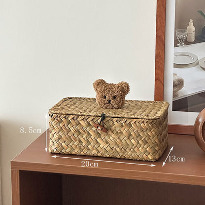 Charming Woven Storage Basket with Bear Lid
