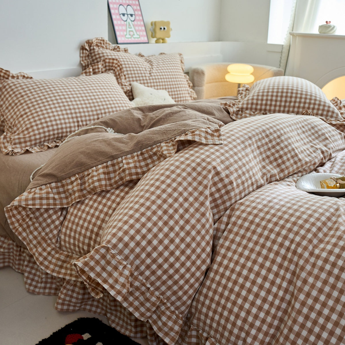 Decorative Gingham Patterned Ruffled Bedding Set Homeandso