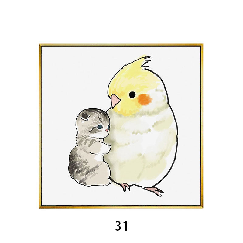 Whimsical Bird and Kitten Illustrated Wall Art Homeandso