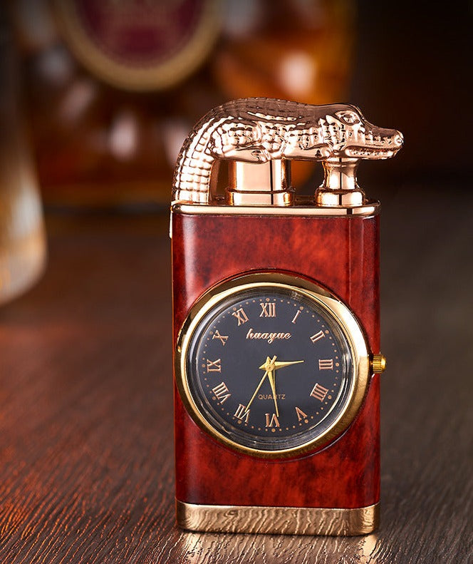 Lighter with quartz clock, metal punch, windproof lighter with blue flame and alligator head
