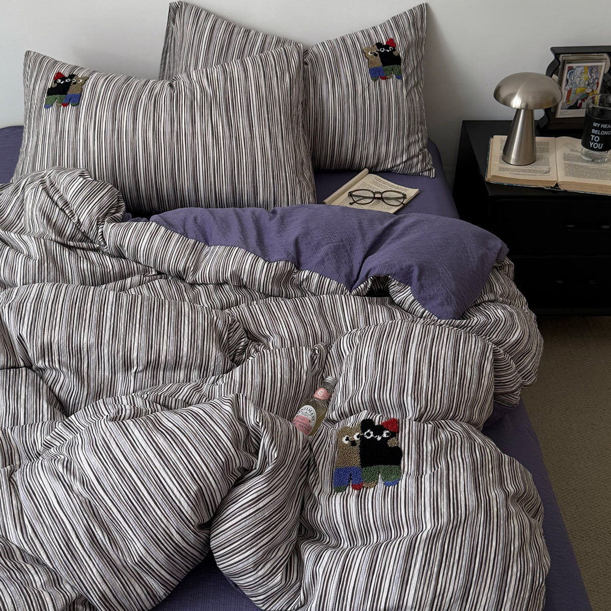 Striped Cotton Duvet Cover Set with Decorative Embroidery