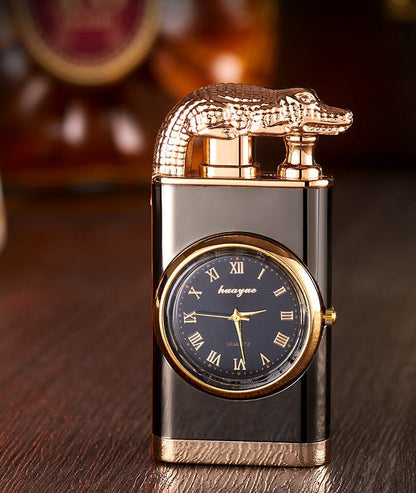 Lighter with quartz clock, metal punch, windproof lighter with blue flame and alligator head