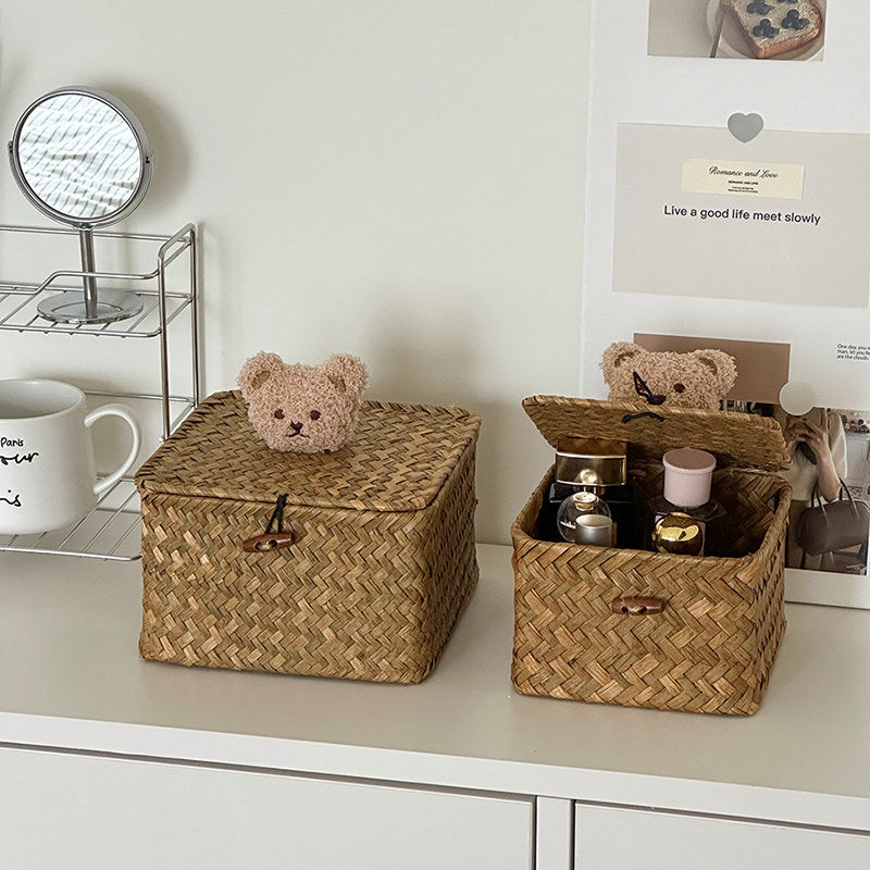 Charming Woven Storage Basket with Bear Lid