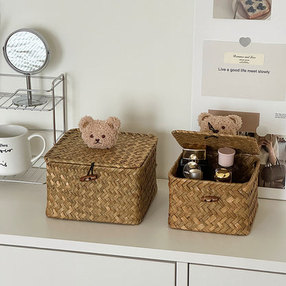 Charming Woven Storage Basket with Bear Lid