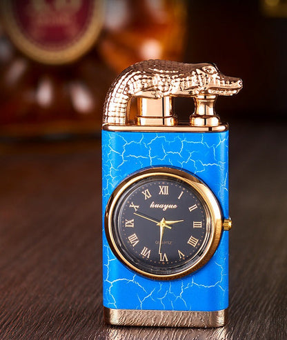 Lighter with quartz clock, metal punch, windproof lighter with blue flame and alligator head