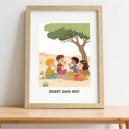 Whimsical Desert Oasis Illustration Wall Art Frame