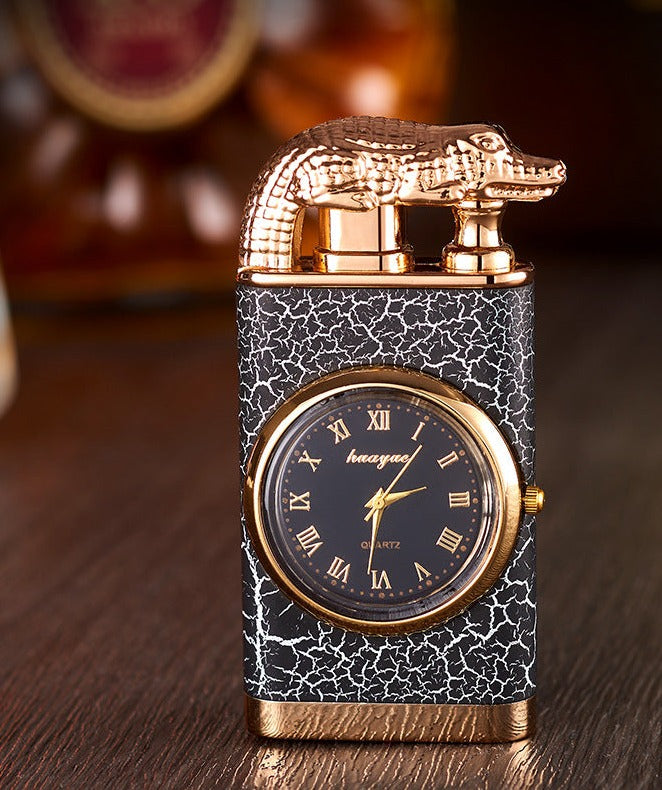 Lighter with quartz clock, metal punch, windproof lighter with blue flame and alligator head