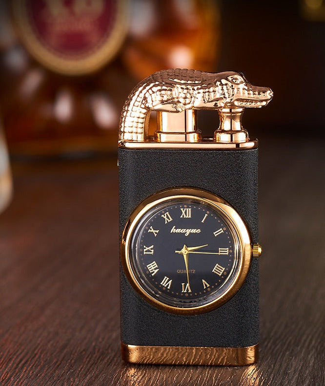 Lighter with quartz clock, metal punch, windproof lighter with blue flame and alligator head