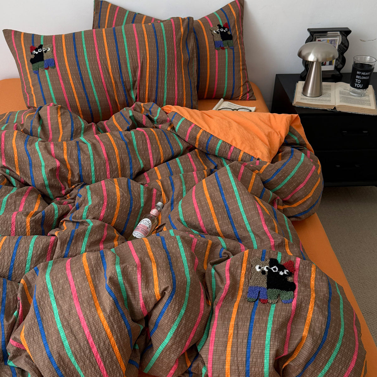 Striped Cotton Duvet Cover Set with Decorative Embroidery
