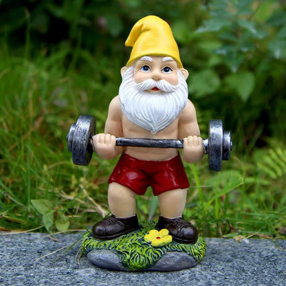 Playful Weightlifting Gnome Figurine Homeandso