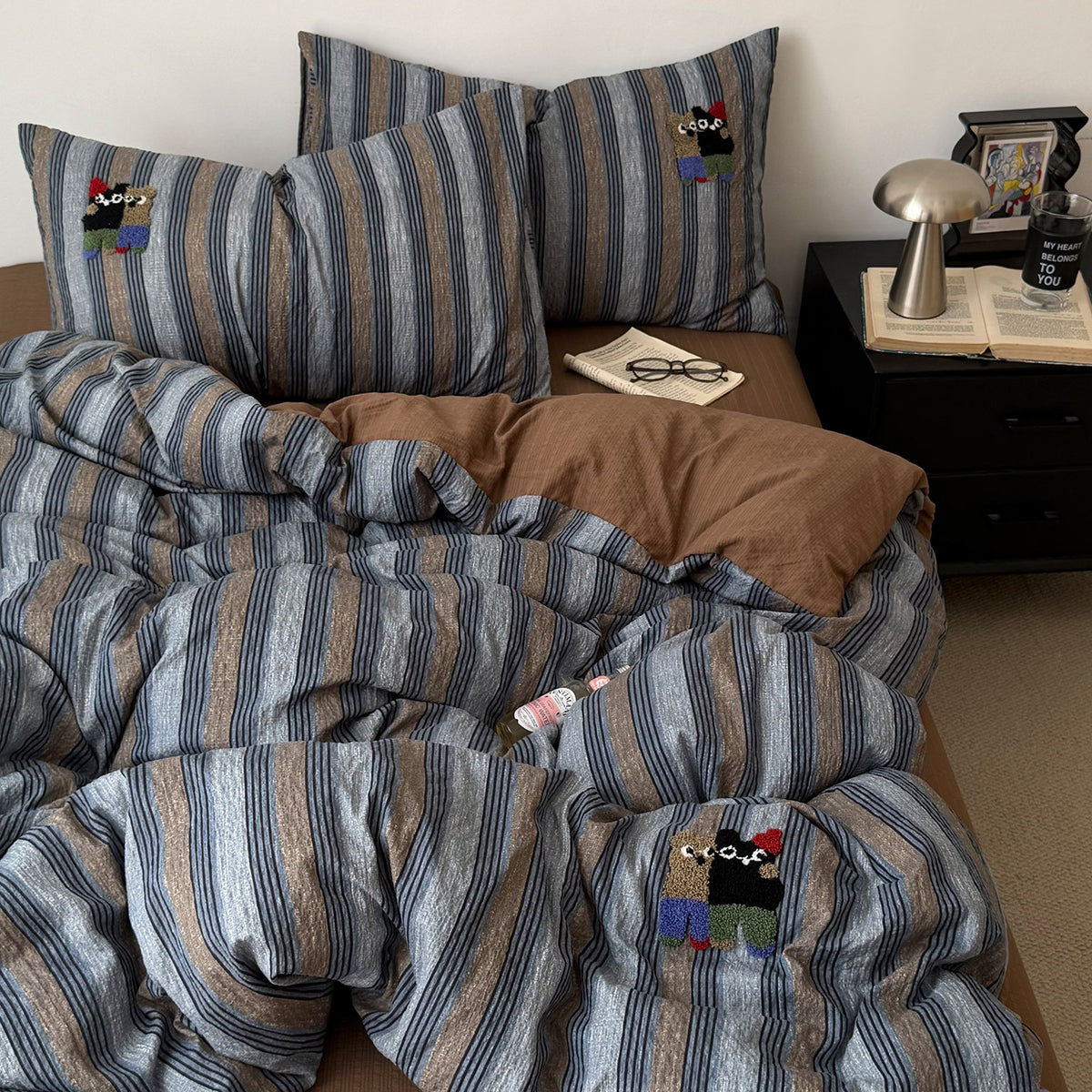 Striped Cotton Duvet Cover Set with Decorative Embroidery