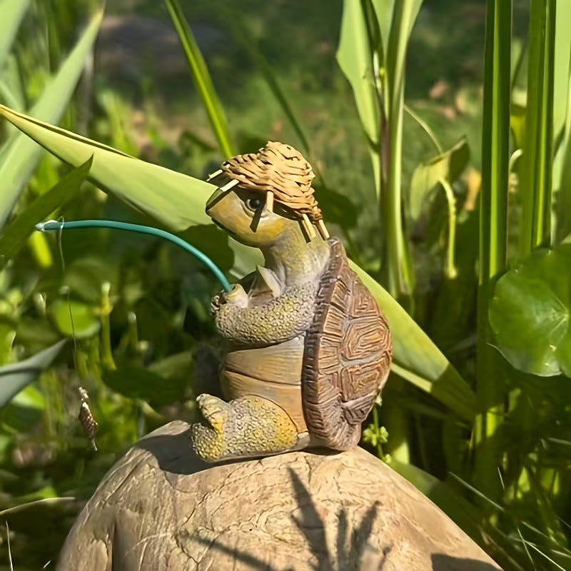 Playful Turtle Fishing Figurine Homeandso