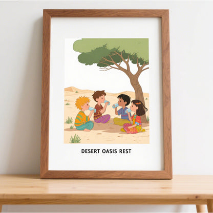 Whimsical Desert Oasis Illustration Wall Art Frame