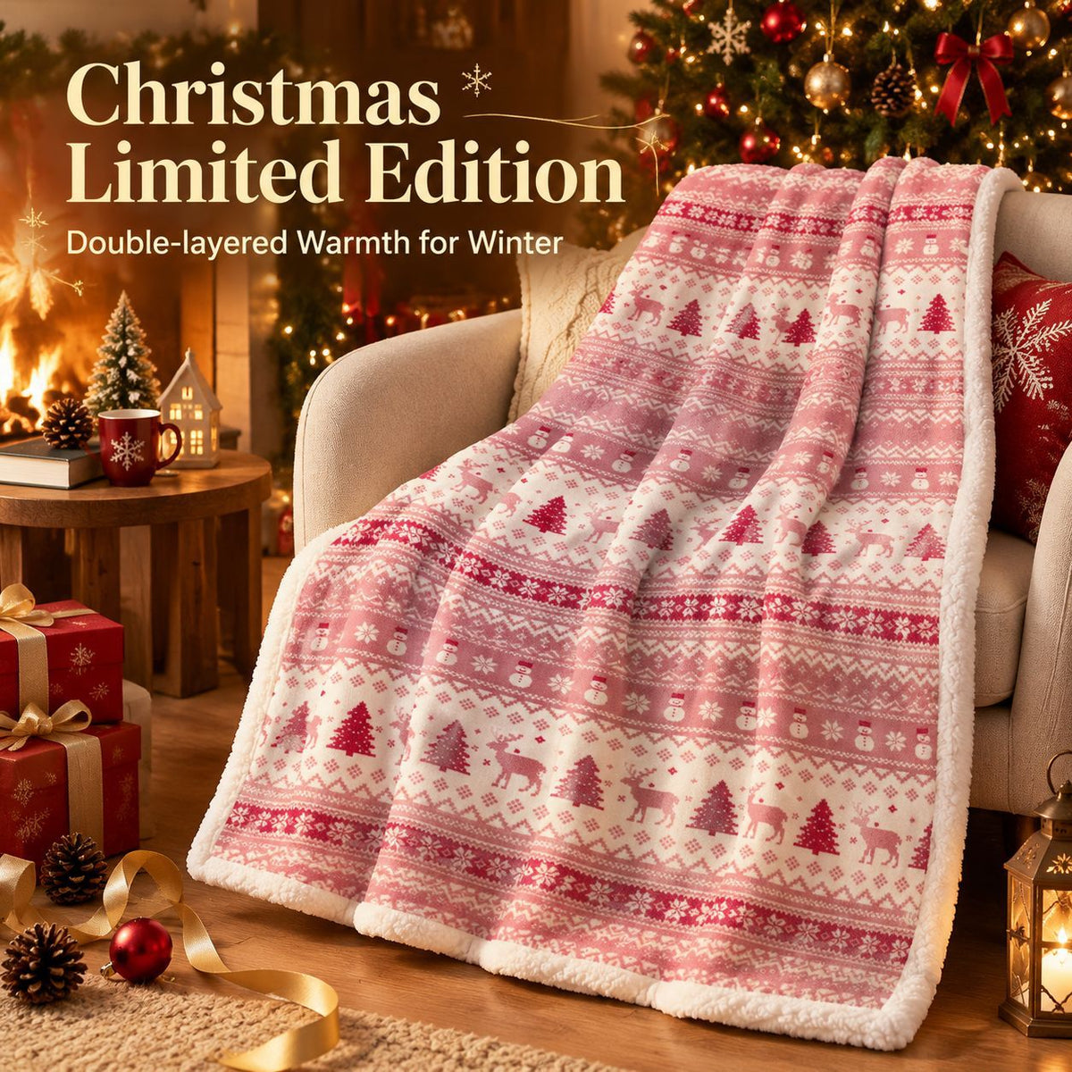 Christmas-Themed Flannel and Sherpa Blanket