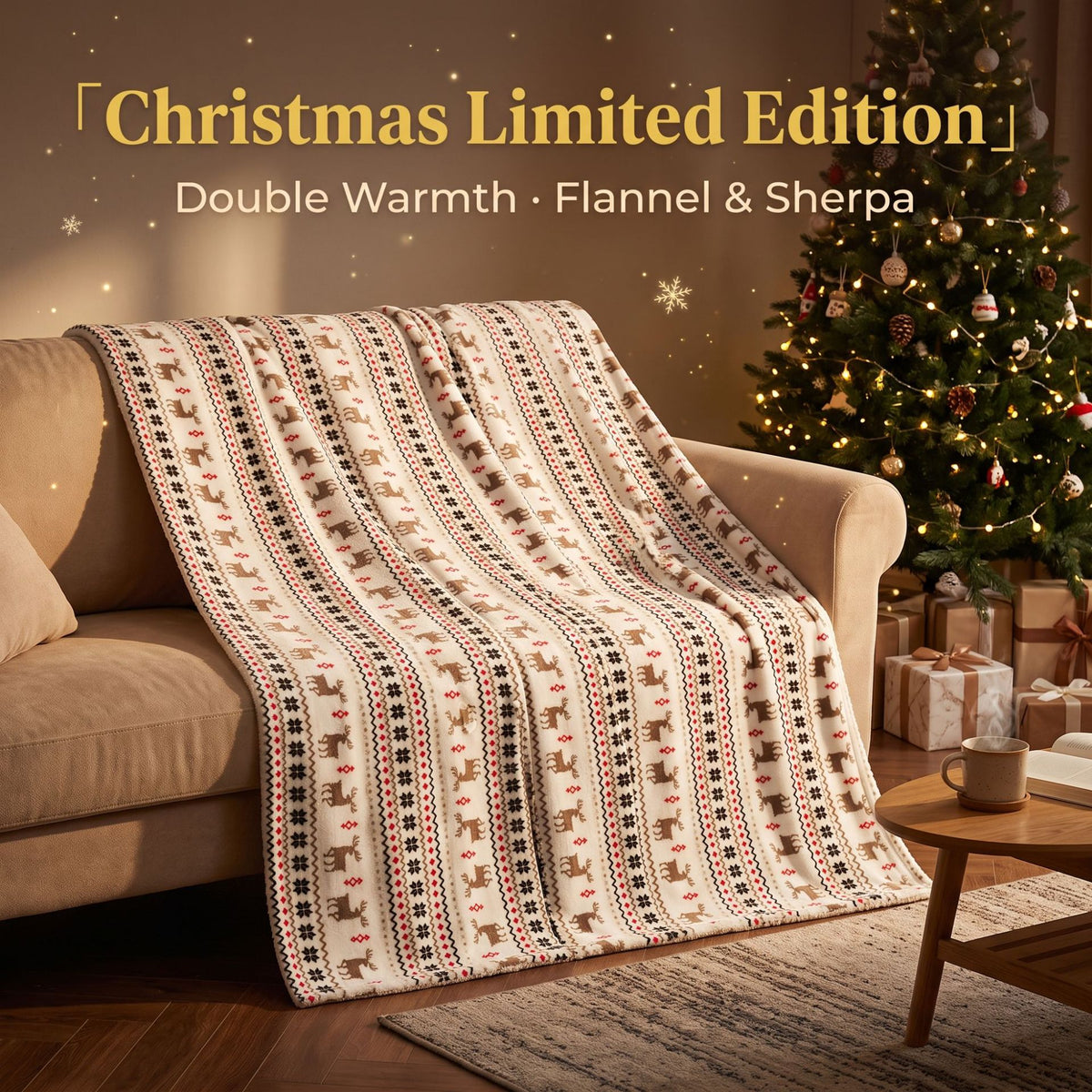 Christmas-Themed Flannel and Sherpa Blanket