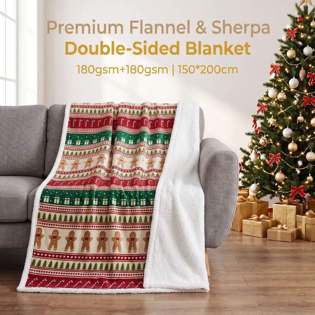 Christmas-Themed Flannel and Sherpa Blanket