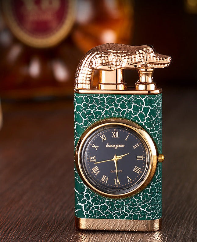 Lighter with quartz clock, metal punch, windproof lighter with blue flame and alligator head
