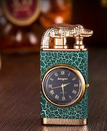 Lighter with quartz clock, metal punch, windproof lighter with blue flame and alligator head