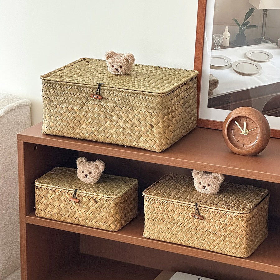 Charming Woven Storage Basket with Bear Lid