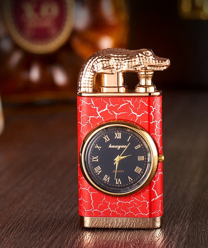 Lighter with quartz clock, metal punch, windproof lighter with blue flame and alligator head