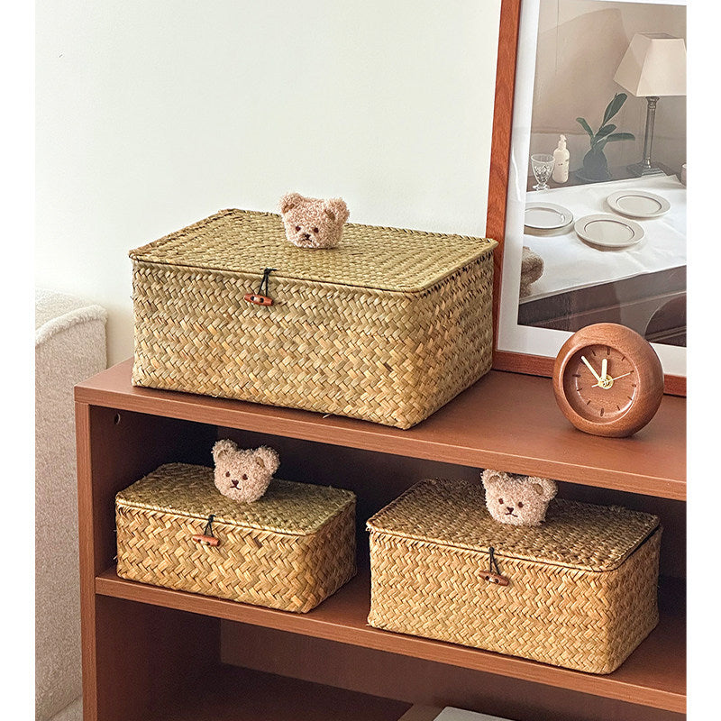 Charming Woven Storage Basket with Bear Lid