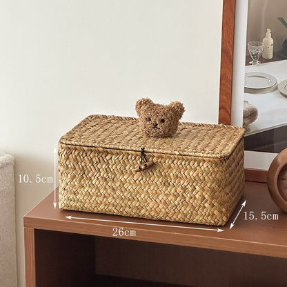 Charming Woven Storage Basket with Bear Lid