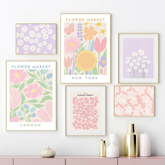 Pink Lavender Daisy Flower Market Canvas Prints for Home Decor