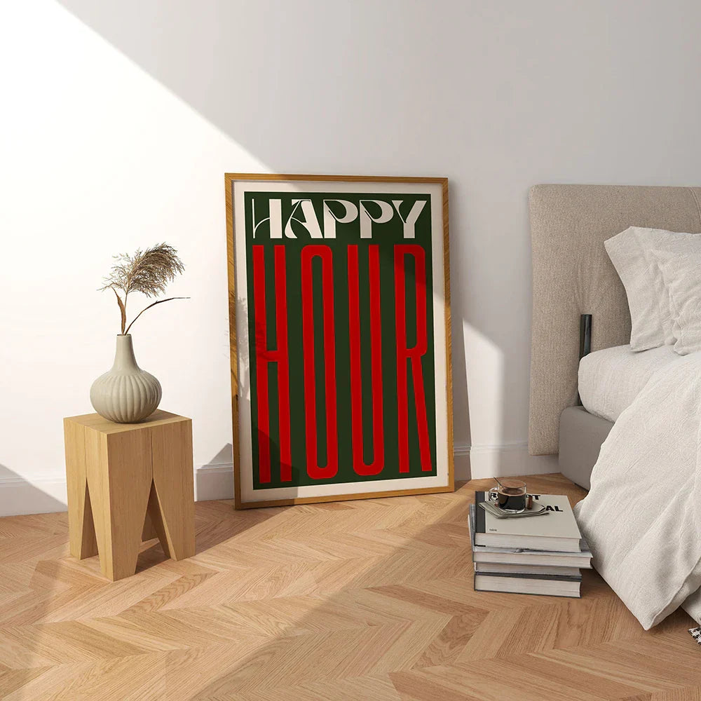 Retro Happy Hour Typographic Canvas Art for Kitchen & Living Room