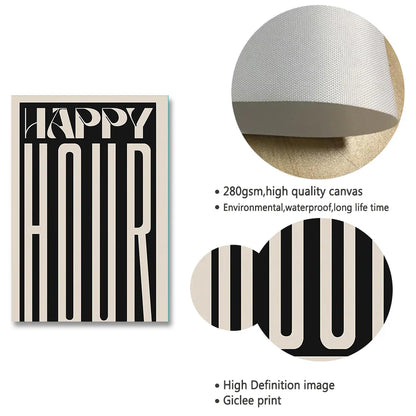 Retro Happy Hour Typographic Canvas Art for Kitchen & Living Room