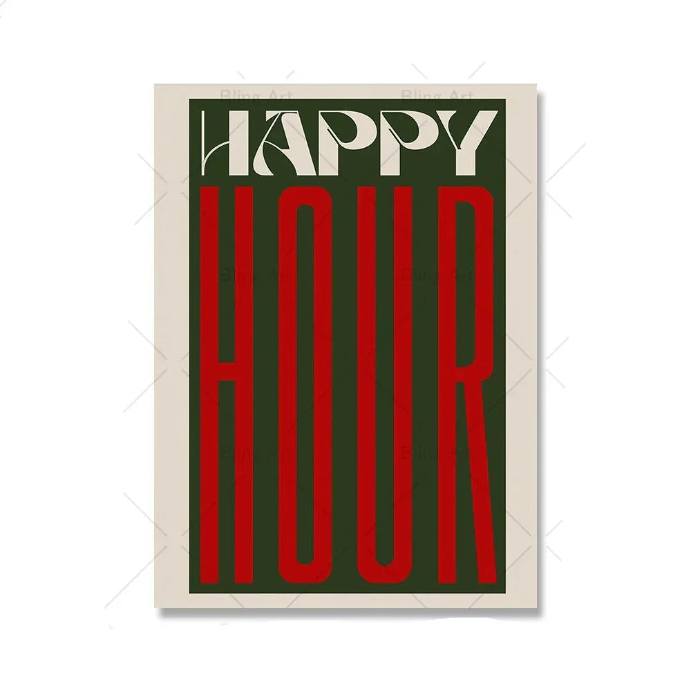 Retro Happy Hour Typographic Canvas Art for Kitchen & Living Room