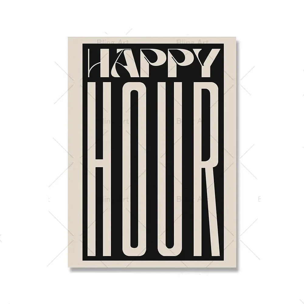 Retro Happy Hour Typographic Canvas Art for Kitchen & Living Room