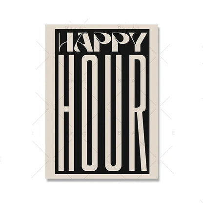 Retro Happy Hour Typographic Canvas Art for Kitchen & Living Room