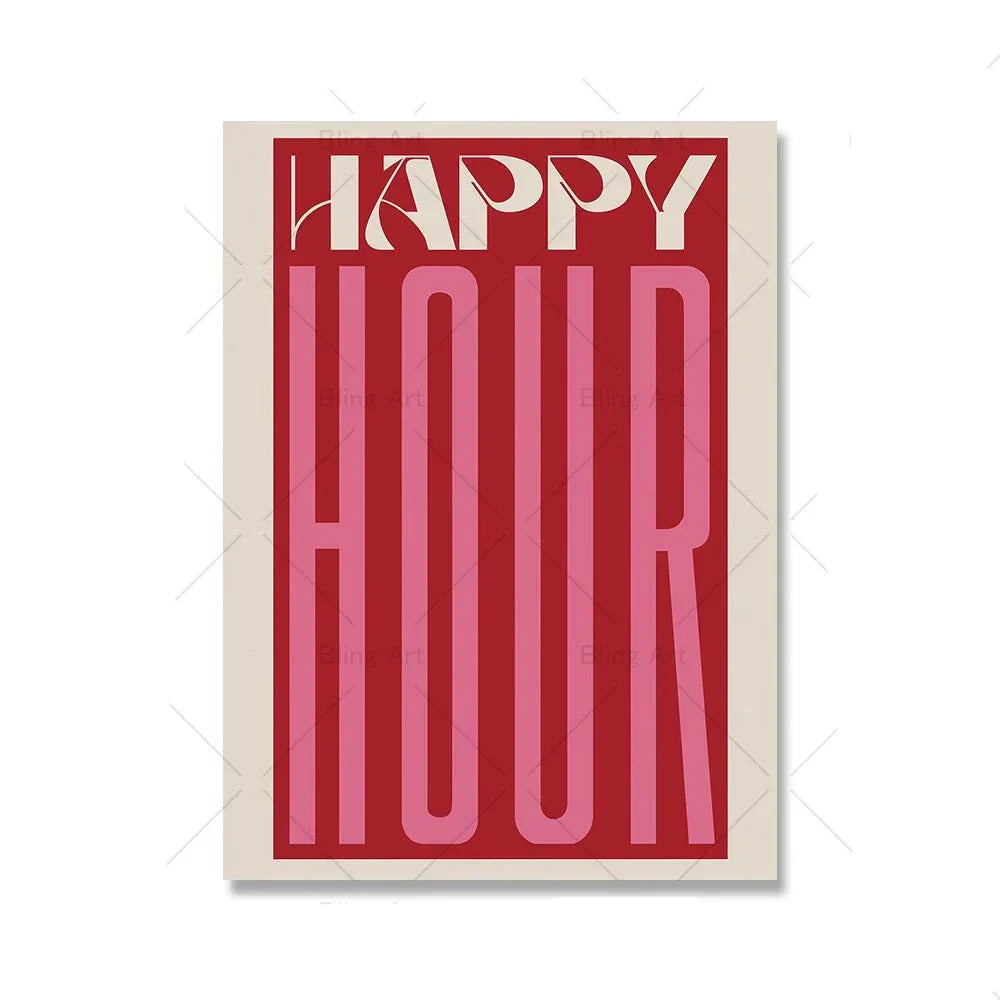 Retro Happy Hour Typographic Canvas Art for Kitchen & Living Room