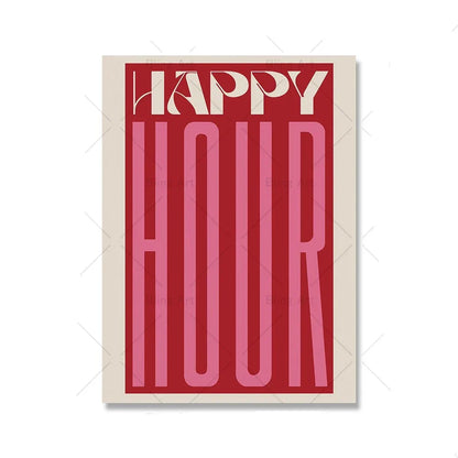 Retro Happy Hour Typographic Canvas Art for Kitchen & Living Room