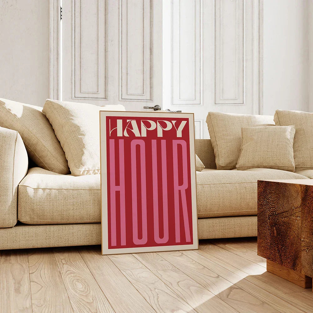 Retro Happy Hour Typographic Canvas Art for Kitchen & Living Room