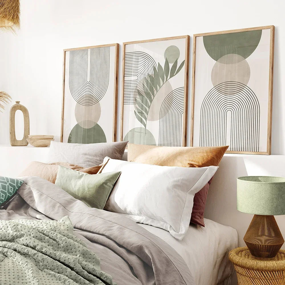 Sage Green Beige Minimalist Abstract Botanical Canvas Wall Art Prints