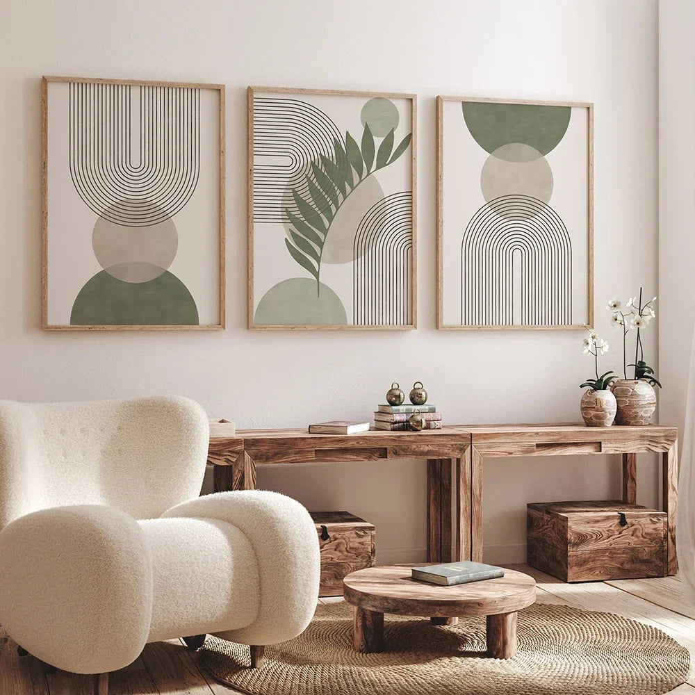 Sage Green Beige Minimalist Abstract Botanical Canvas Wall Art Prints