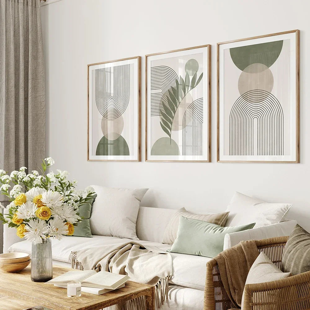 Sage Green Beige Minimalist Abstract Botanical Canvas Wall Art Prints