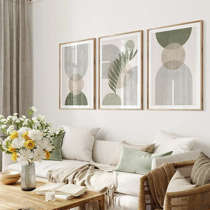 Sage Green Beige Minimalist Abstract Botanical Canvas Wall Art Prints