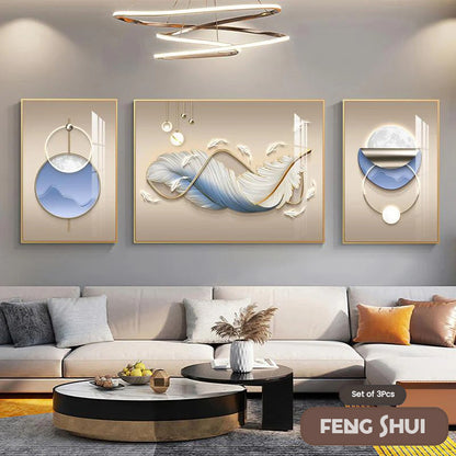 Set of 3 Modern Feather Abstract Canvas Prints for Living Room Decor