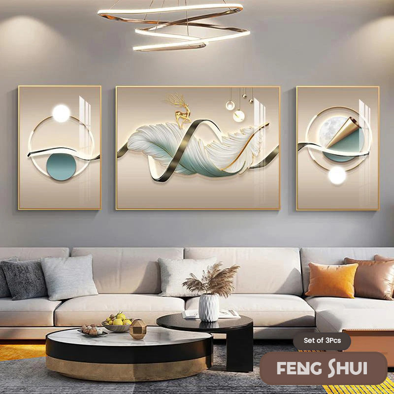 Set of 3 Modern Feather Abstract Canvas Prints for Living Room Decor