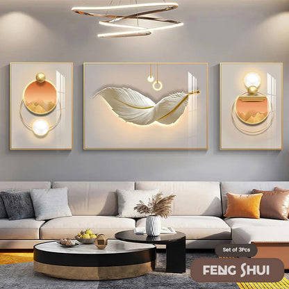 Set of 3 Modern Feather Abstract Canvas Prints for Living Room Decor