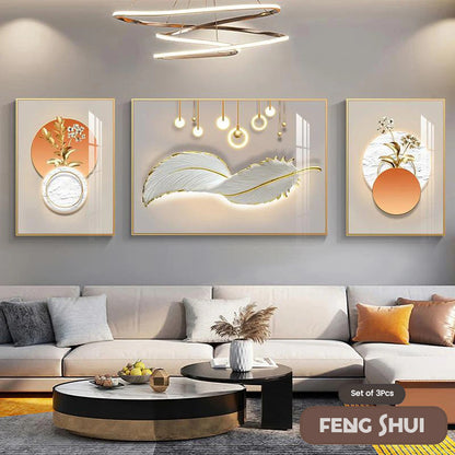Set of 3 Modern Feather Abstract Canvas Prints for Living Room Decor
