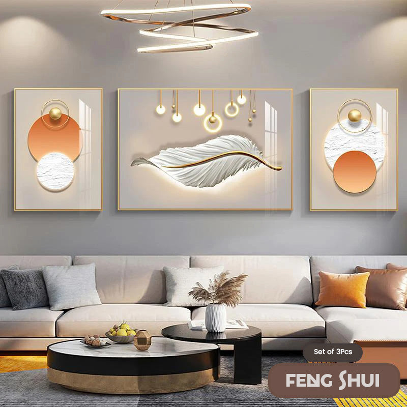Set of 3 Modern Feather Abstract Canvas Prints for Living Room Decor