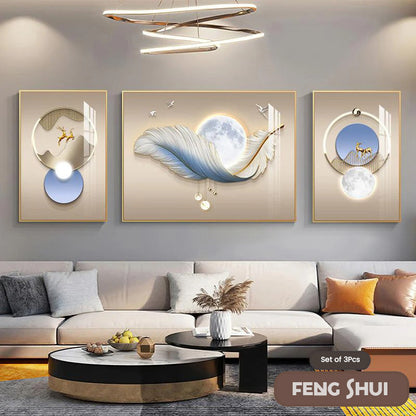 Set of 3 Modern Feather Abstract Canvas Prints for Living Room Decor