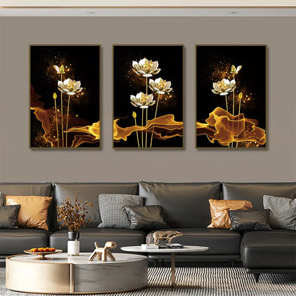 Set of 3 White Golden Lotus Floral Canvas Prints for Luxury Decor