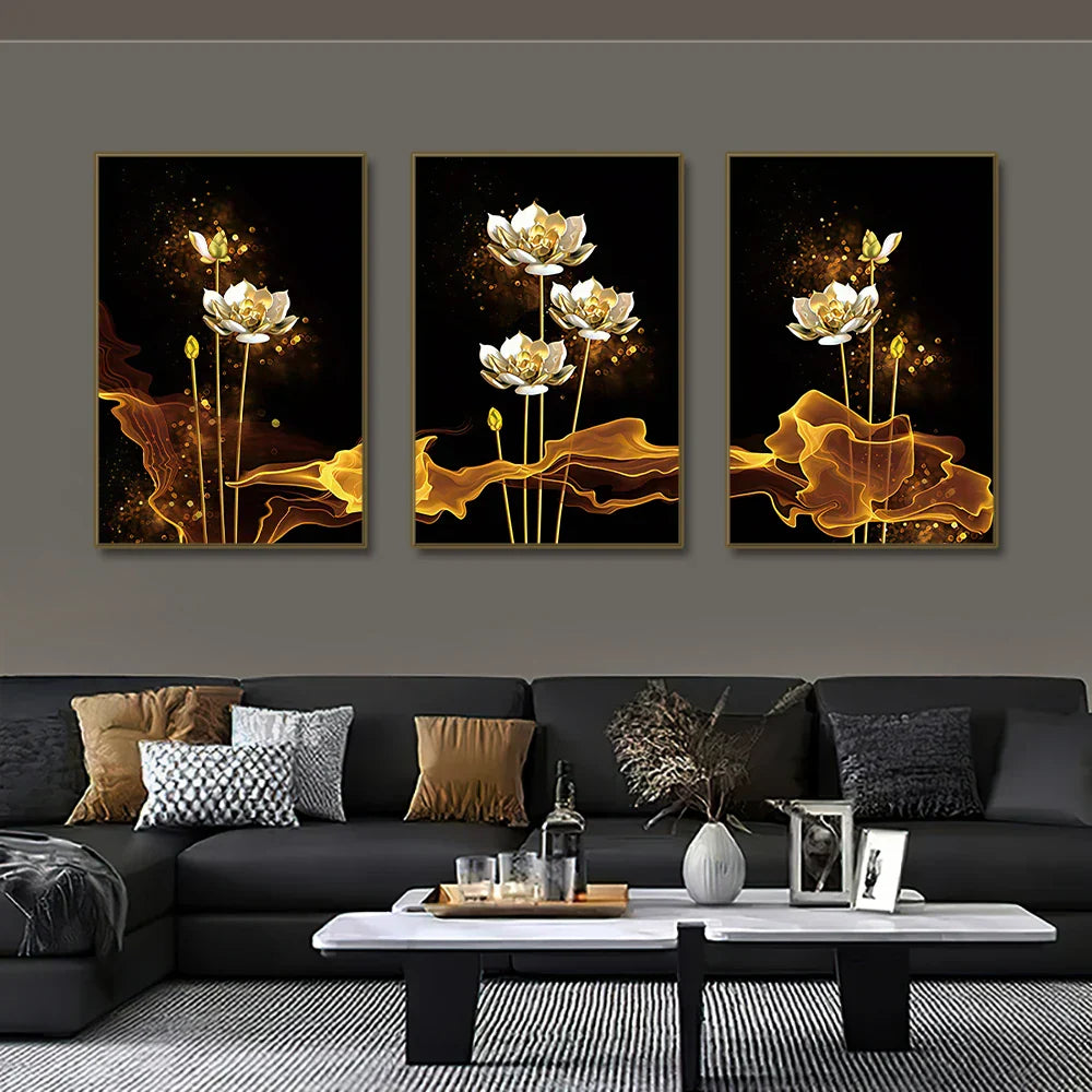 Set of 3 White Golden Lotus Floral Canvas Prints for Luxury Decor