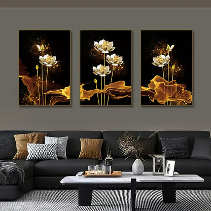 Set of 3 White Golden Lotus Floral Canvas Prints for Luxury Decor