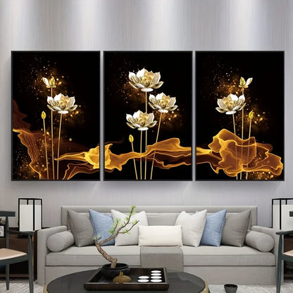 Set of 3 White Golden Lotus Floral Canvas Prints for Luxury Decor