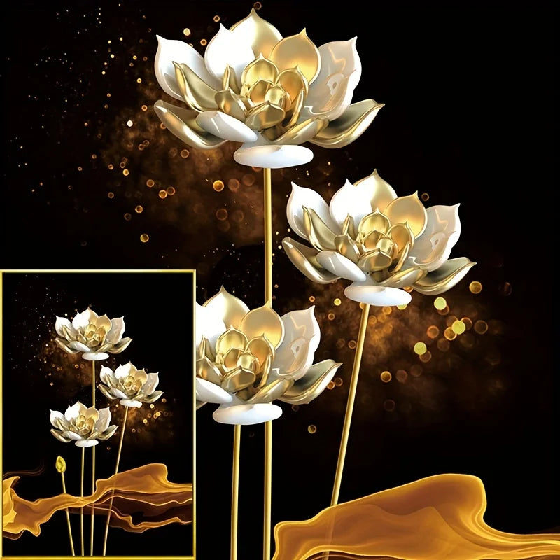 Set of 3 White Golden Lotus Floral Canvas Prints for Luxury Decor